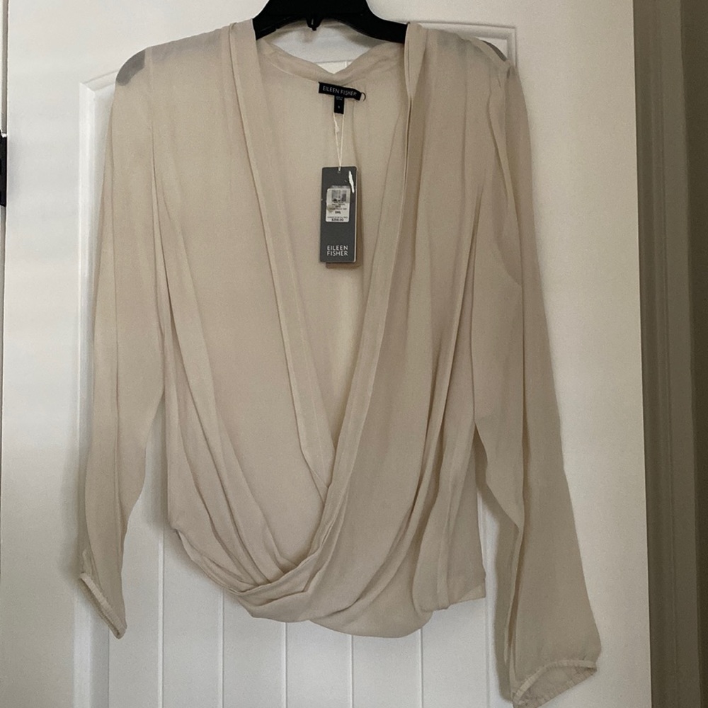 Eileen Fisher 100% Silk Bone Drape Front Top Size S NWT